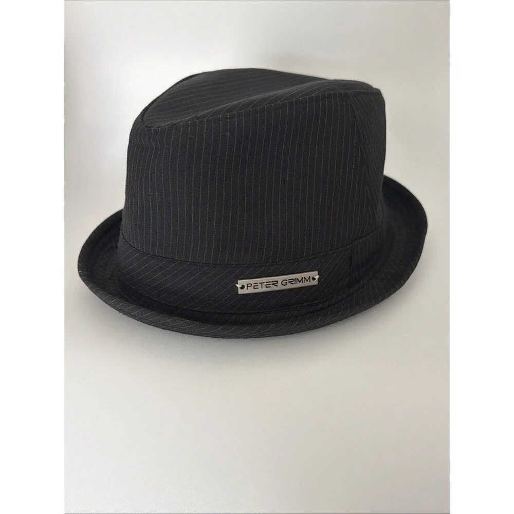 Vtg Y2K Peter Grimm Fedora Hat Sz Small Medium Black Pin Striped Logo EUC